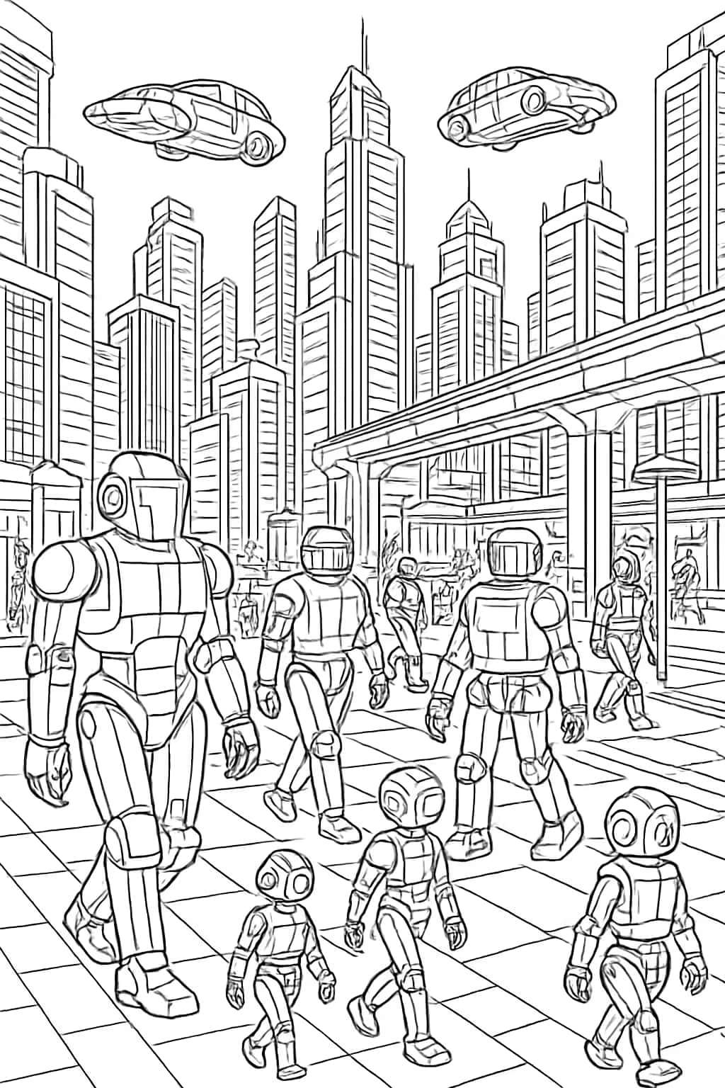 Robot Coloring Pages - Futuristic Cityscape Printable for Adults