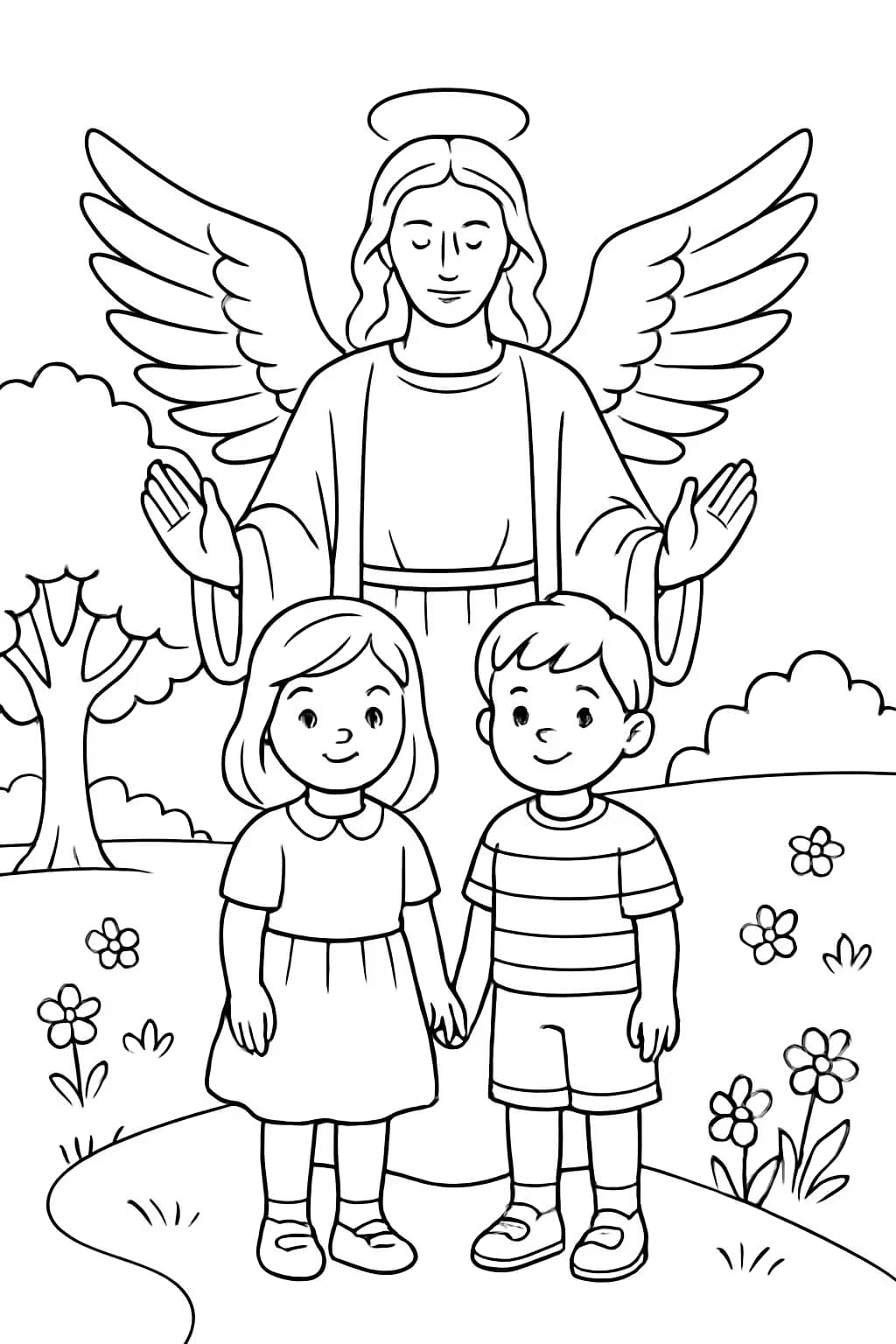 Páginas para colorear de ángeles: Ángel bendiciendo a los niños