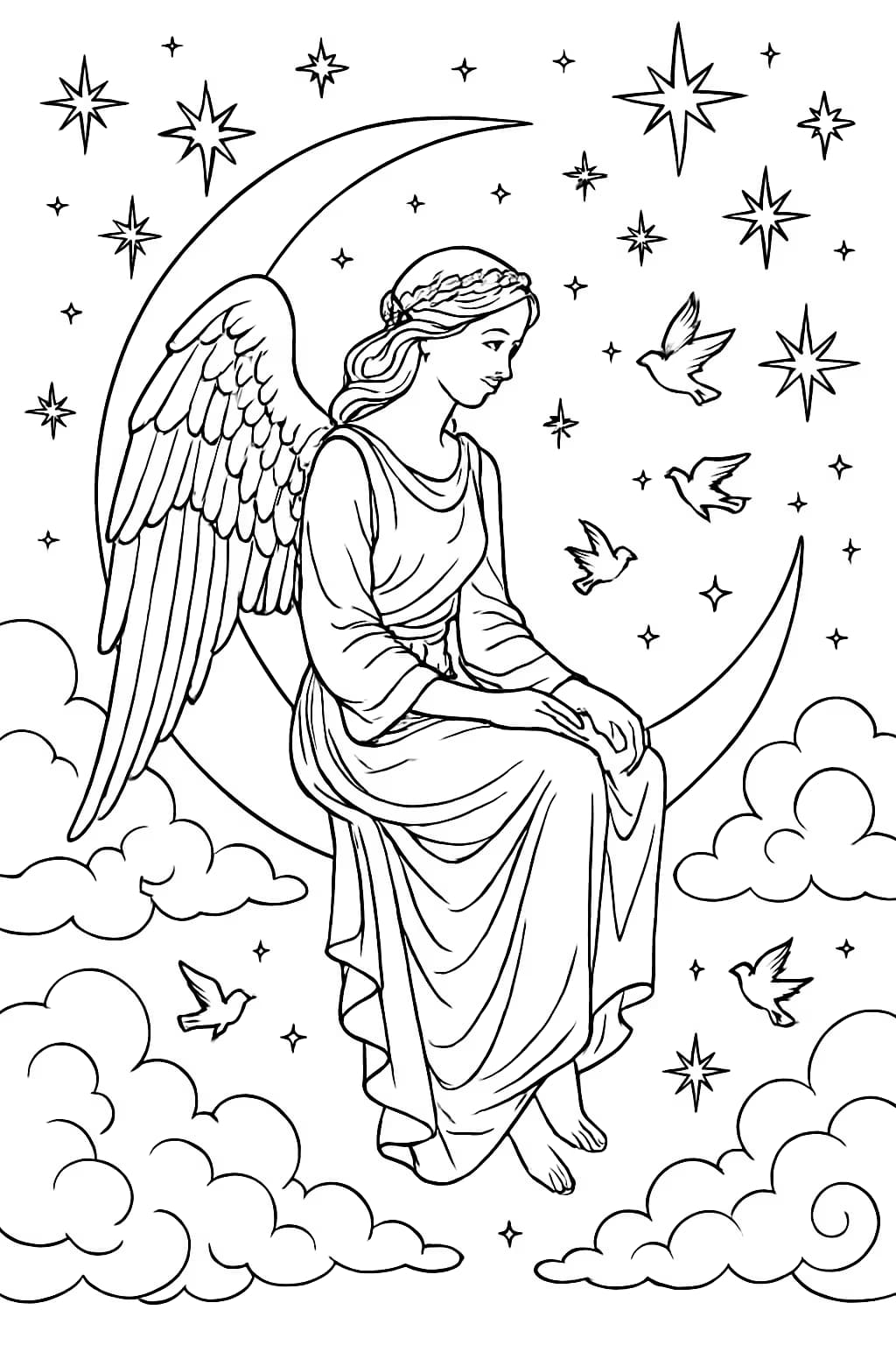 Páginas para Colorear de Ángeles - Ángel en la Luna