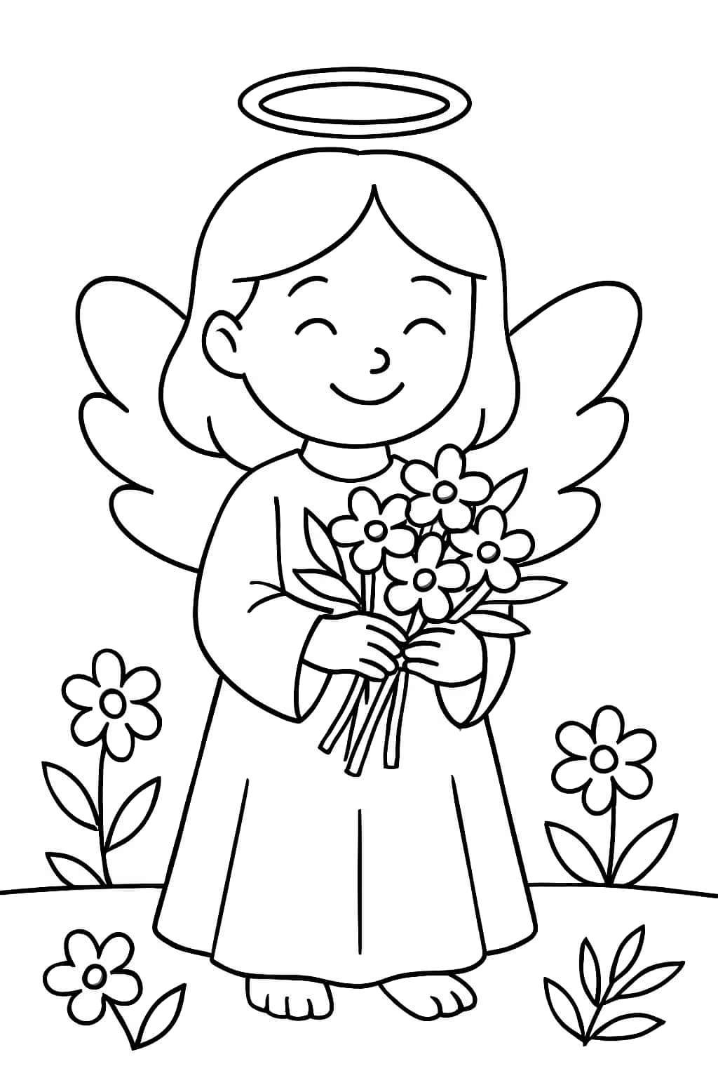 Páginas para colorear de ángeles: Ángel con flores para niños