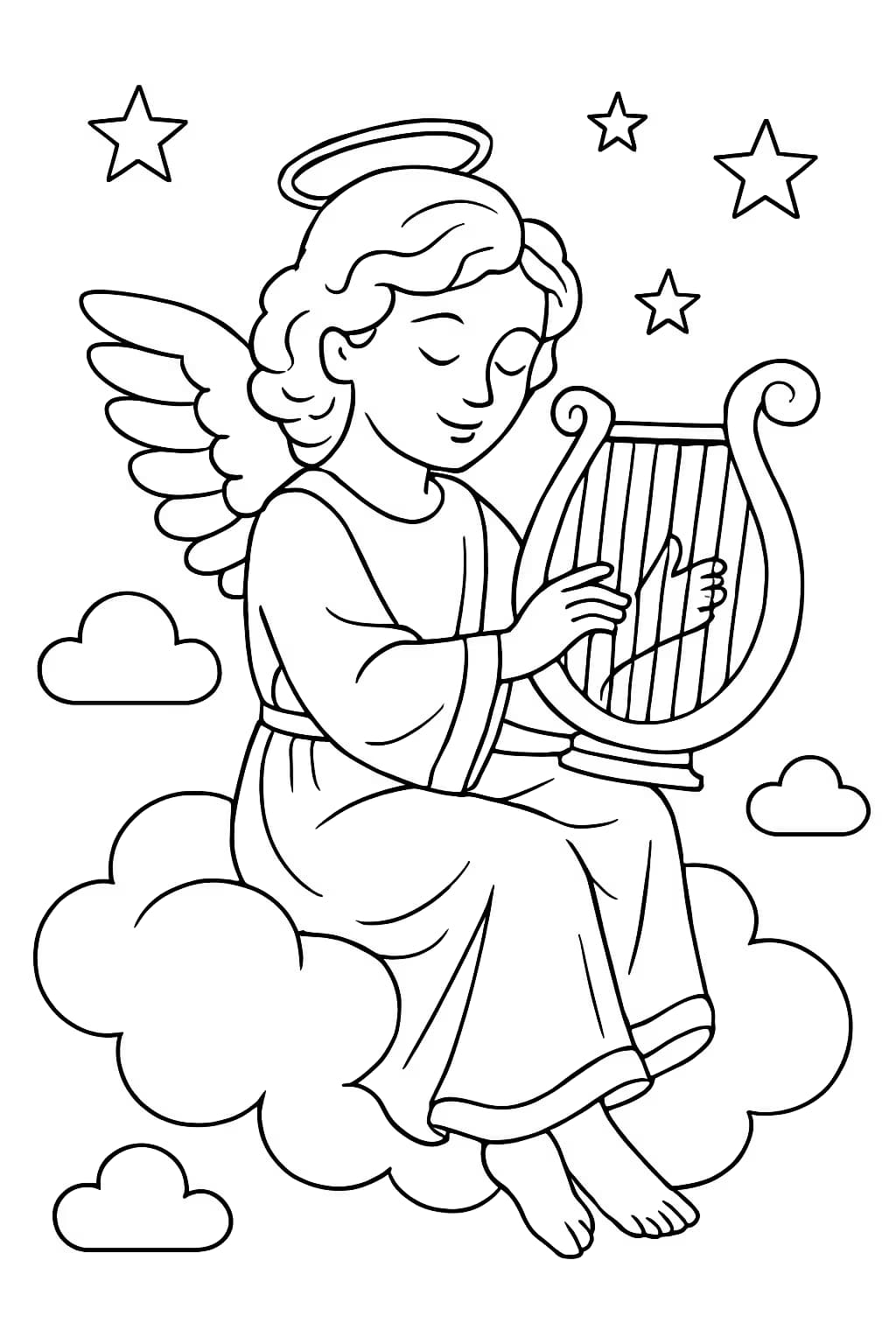 Páginas para colorear de ángeles: Ángel con arpa para niños