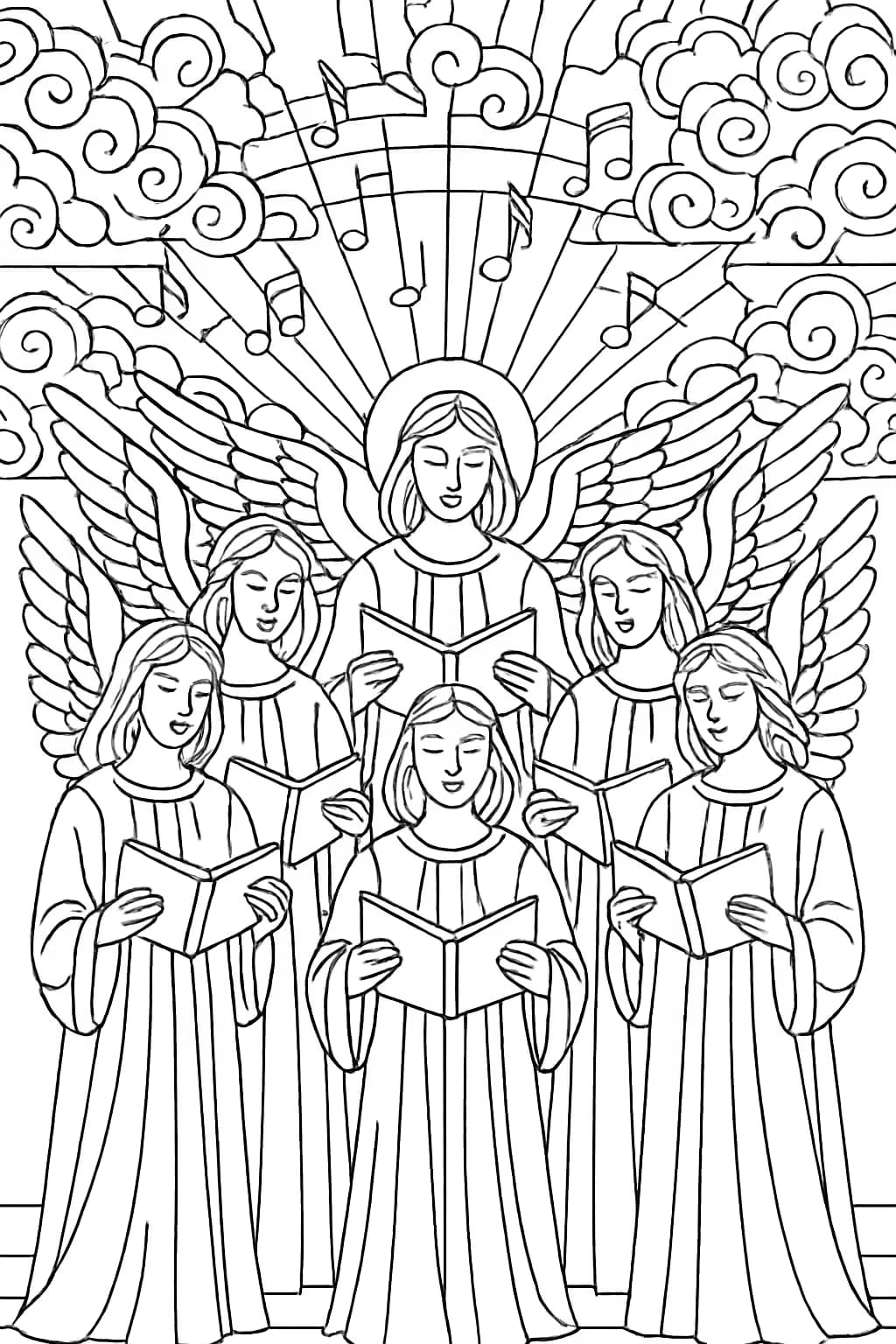 Páginas para colorear de ángeles: Coro angelical cantando
