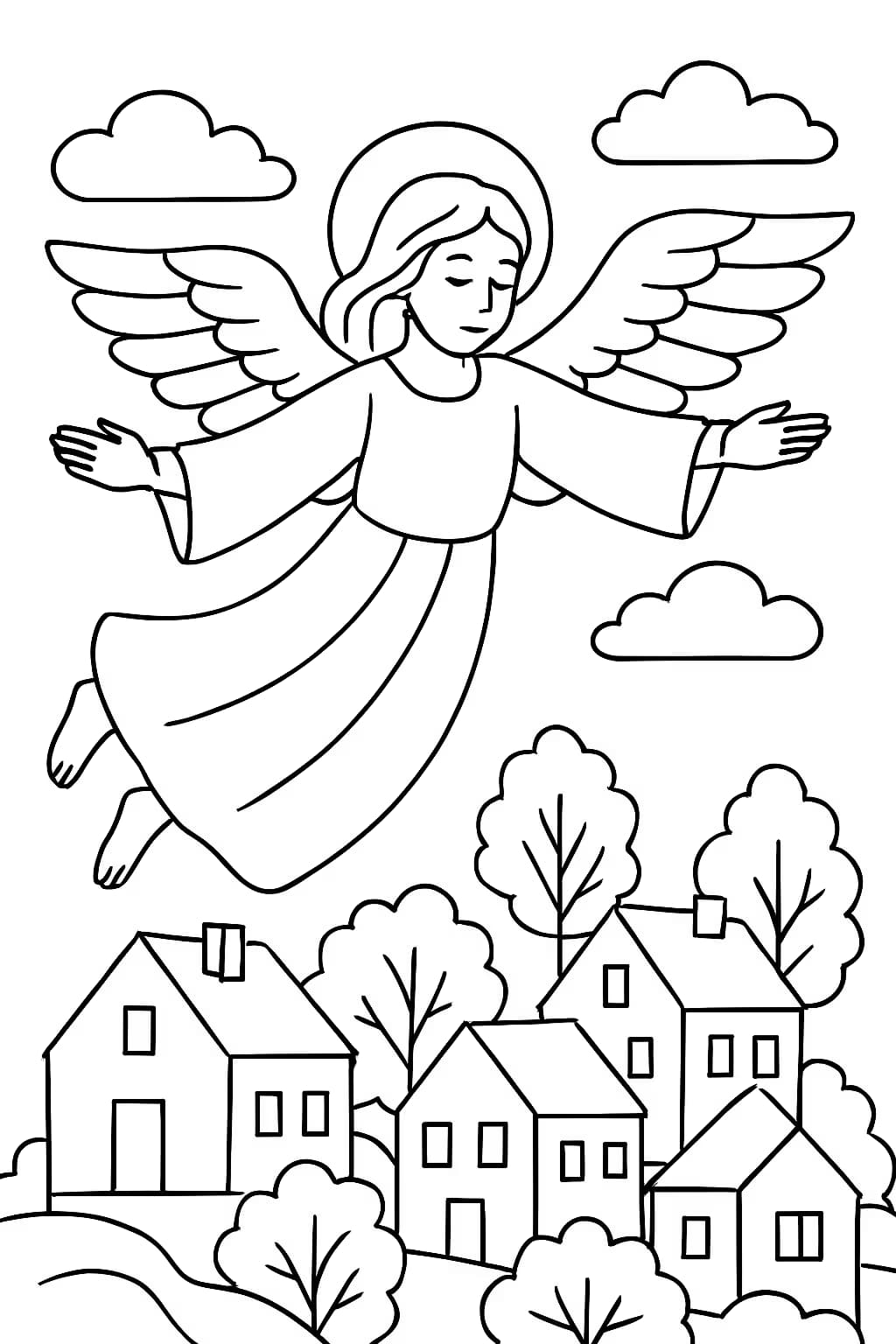 Páginas para colorear de ángeles: Ángel volando sobre la ciudad