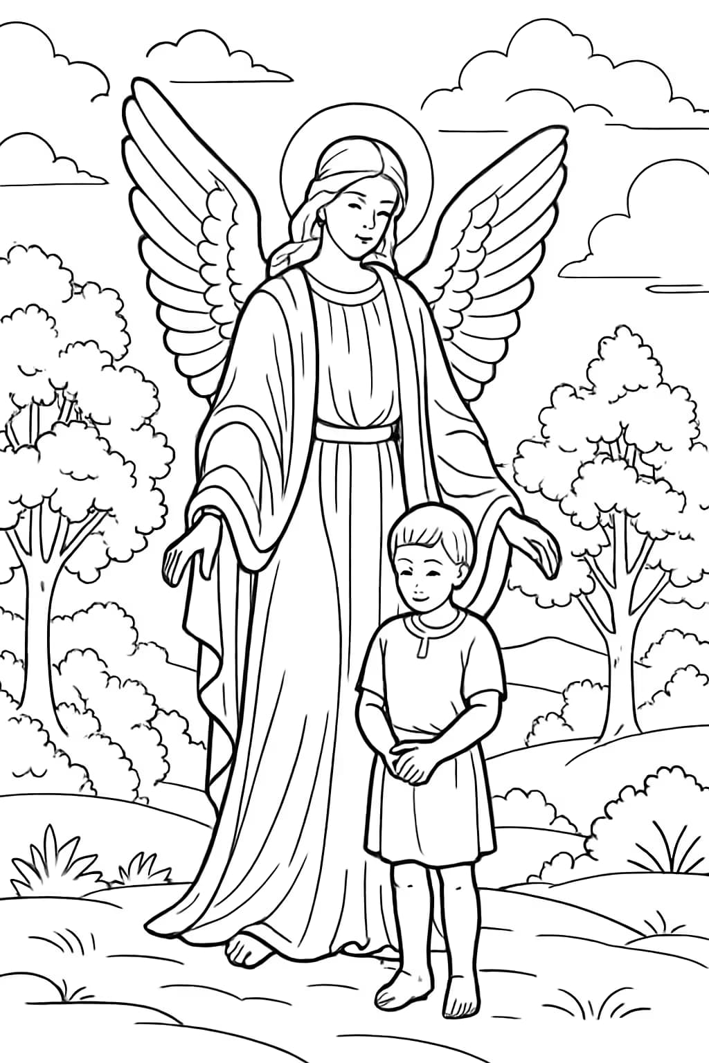 Páginas para colorear de ángeles: Ángel guardián protegiendo