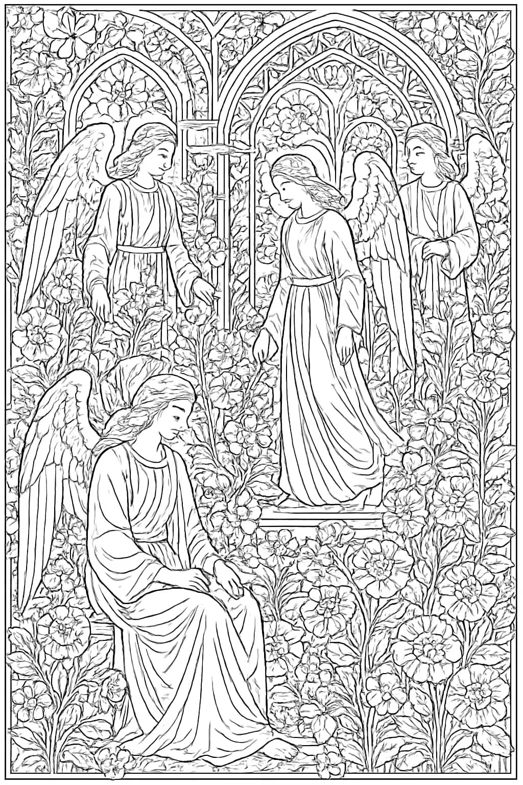 Páginas para colorear de ángeles: Jardín celestial