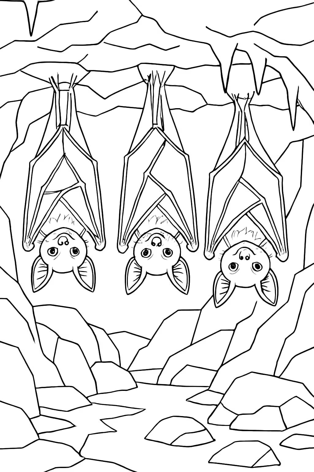Páginas para colorear de murciélagos - Familia de murciélagos en la cueva