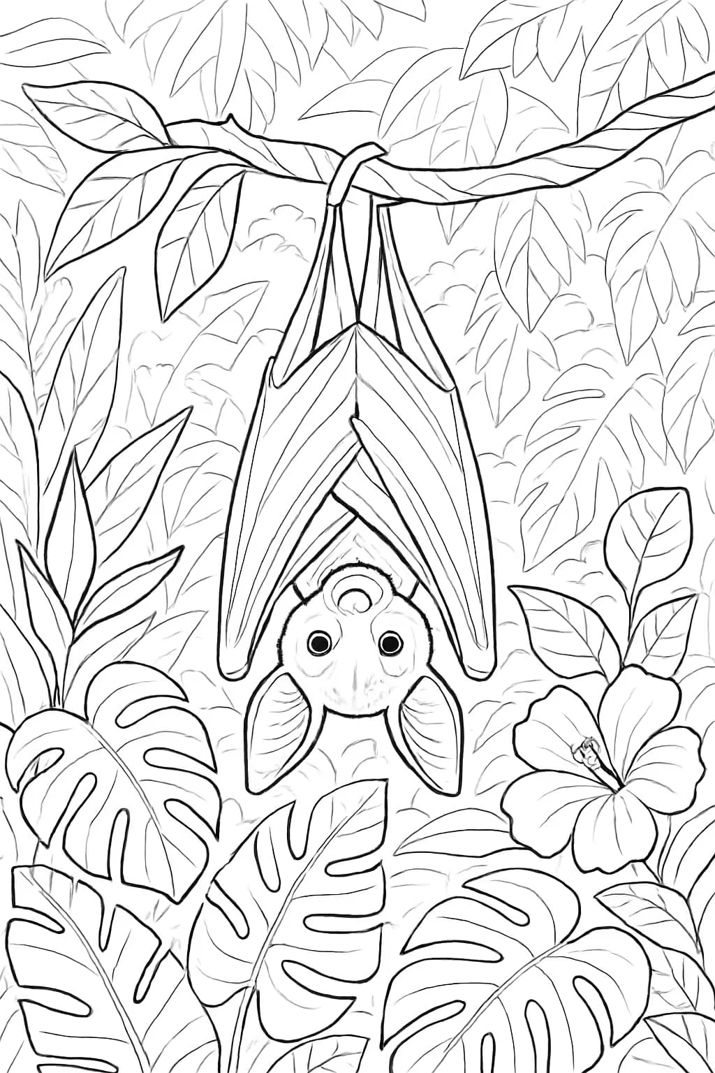 Páginas para colorear de murciélagos | Murciélago en la jungla tropical