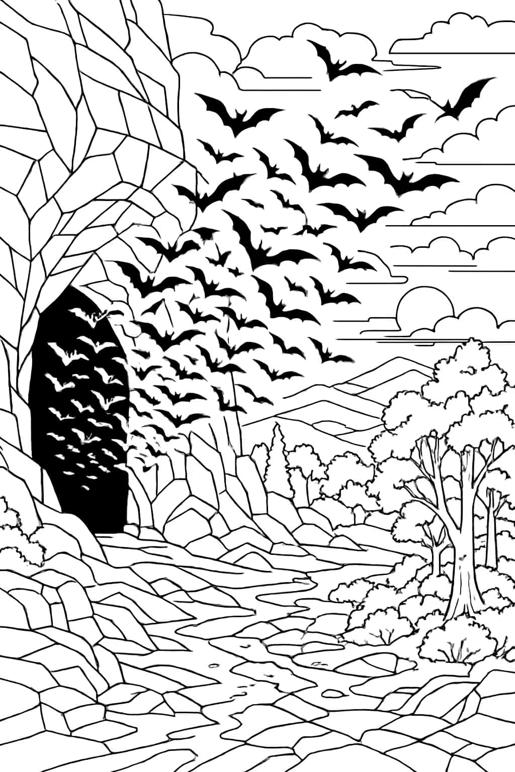 Páginas para colorear de murciélagos - colonia al atardecer