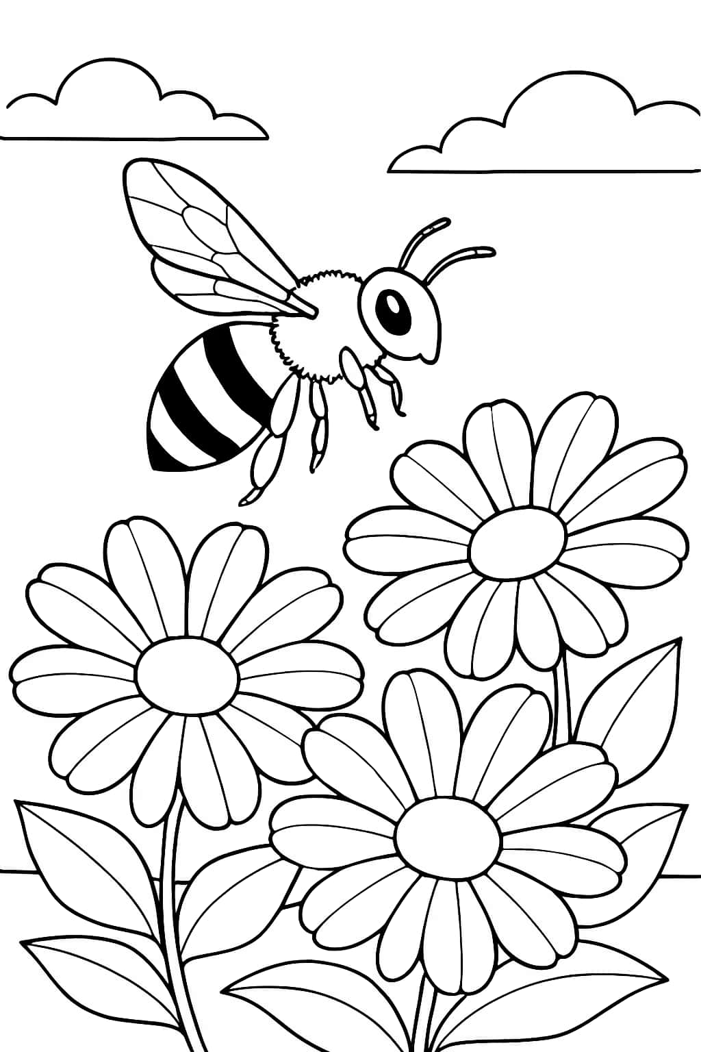 蜜蜂涂色頁 | 蜜蜂飛越花朵簡單線稿適合兒童