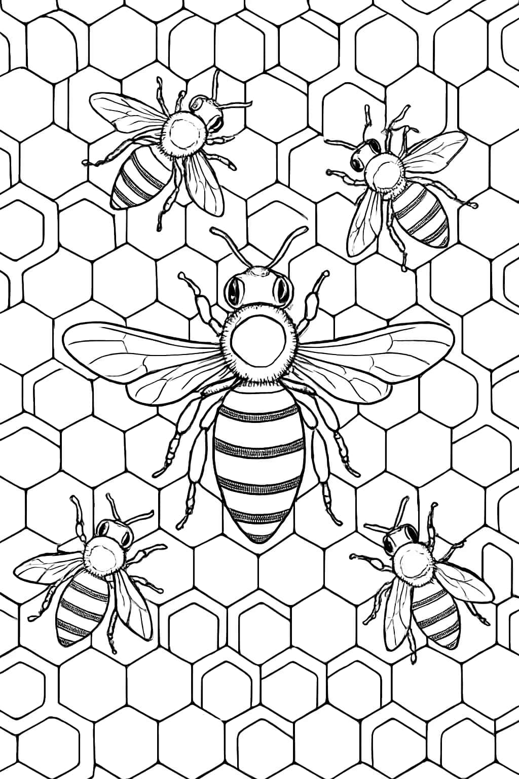 蜜蜂涂色頁 - 蜂后在蜂巢場景