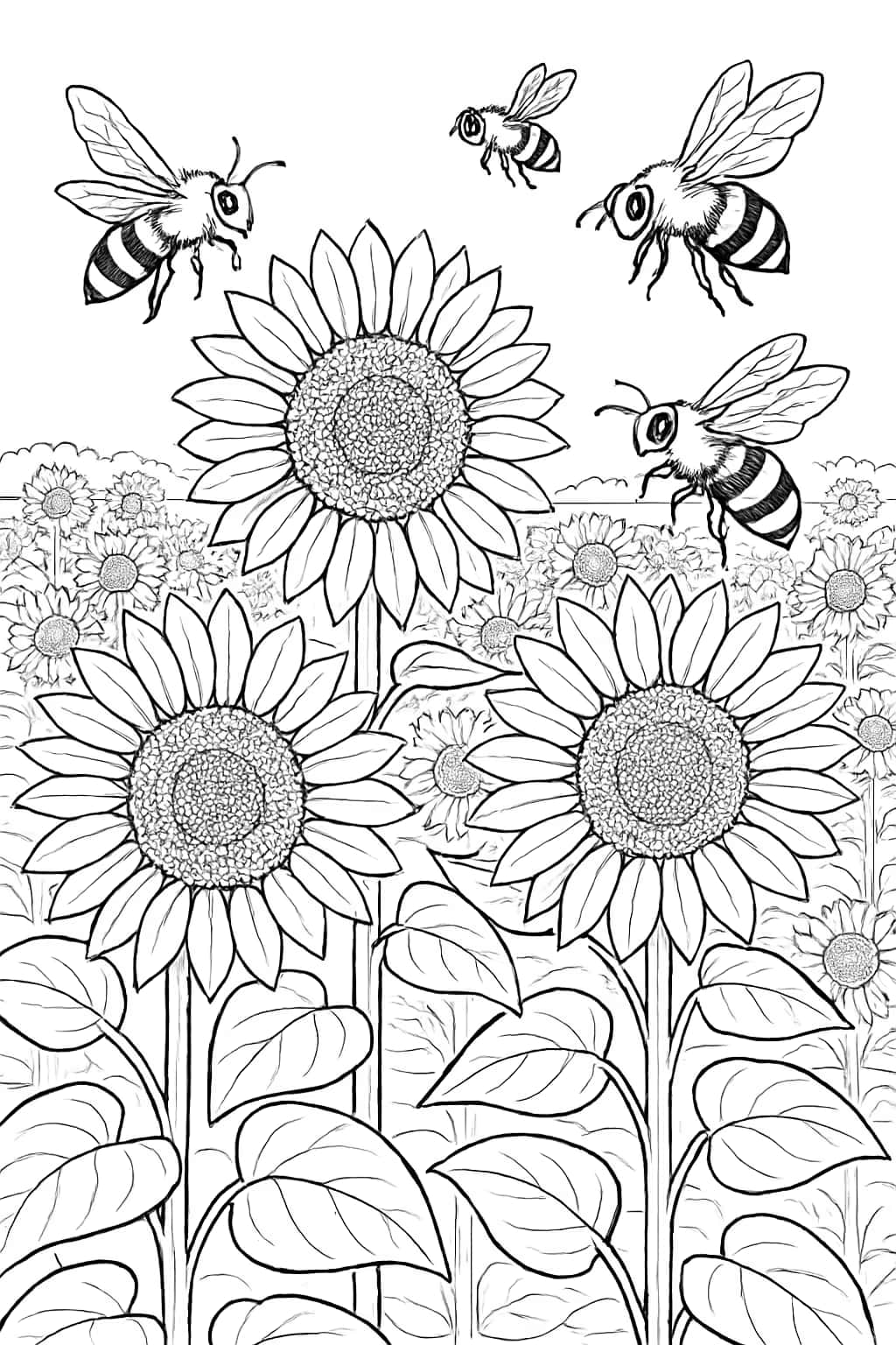 蜜蜂涂色頁|向日葵花田主題線稿
