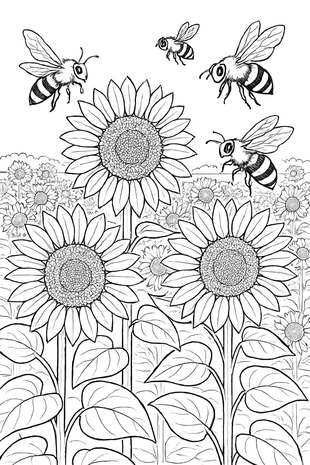 蜜蜂涂色頁|向日葵花田主題線稿