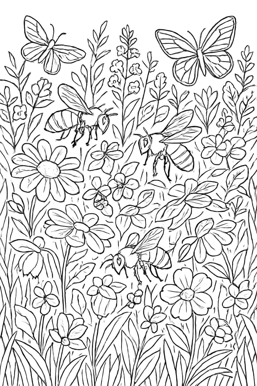 蜜蜂涂色頁|蜂群春日草地成人複雜線稿