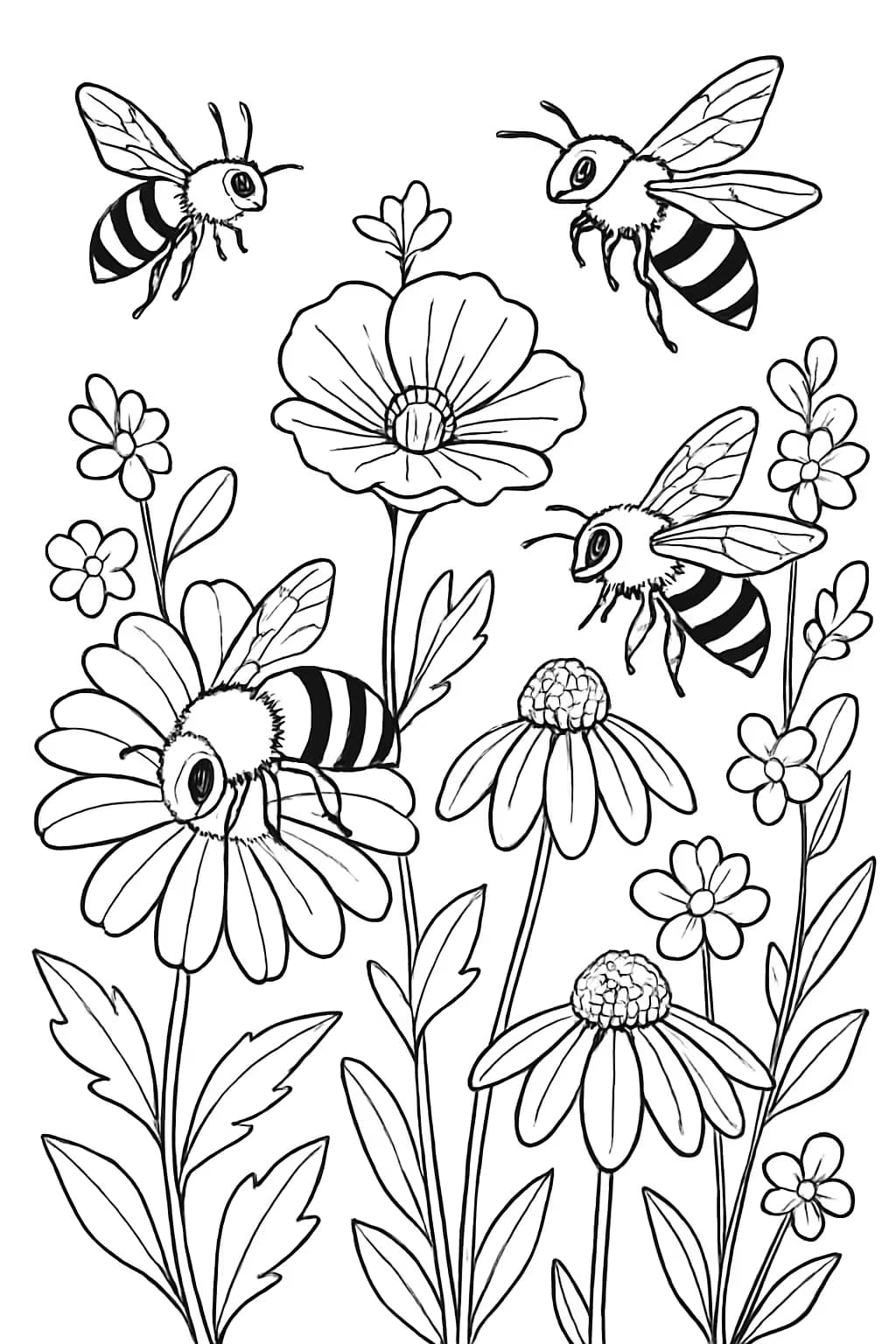 蜜蜂涂色頁|花園授粉主題繪畫