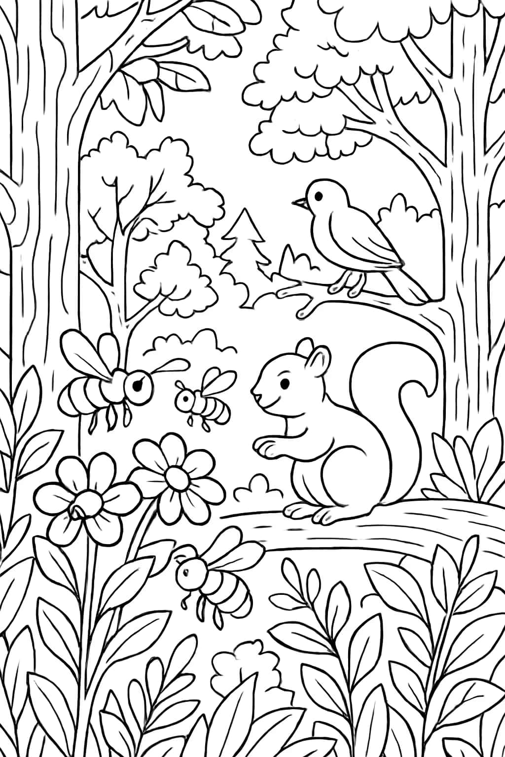 蜜蜂涂色頁|森林蜜蜂與動物主題線稿