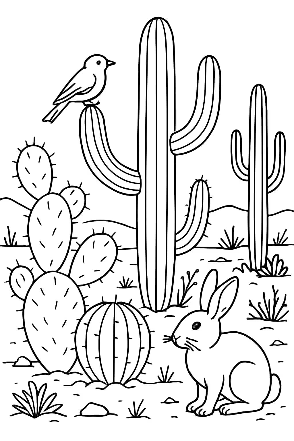 Cactus Coloring Pages – Cactus and Desert Animals Scene