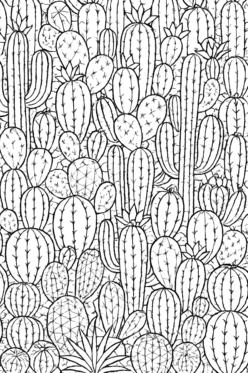 Cactus Coloring Pages - Intricate Cactus Collection Pattern for Adults