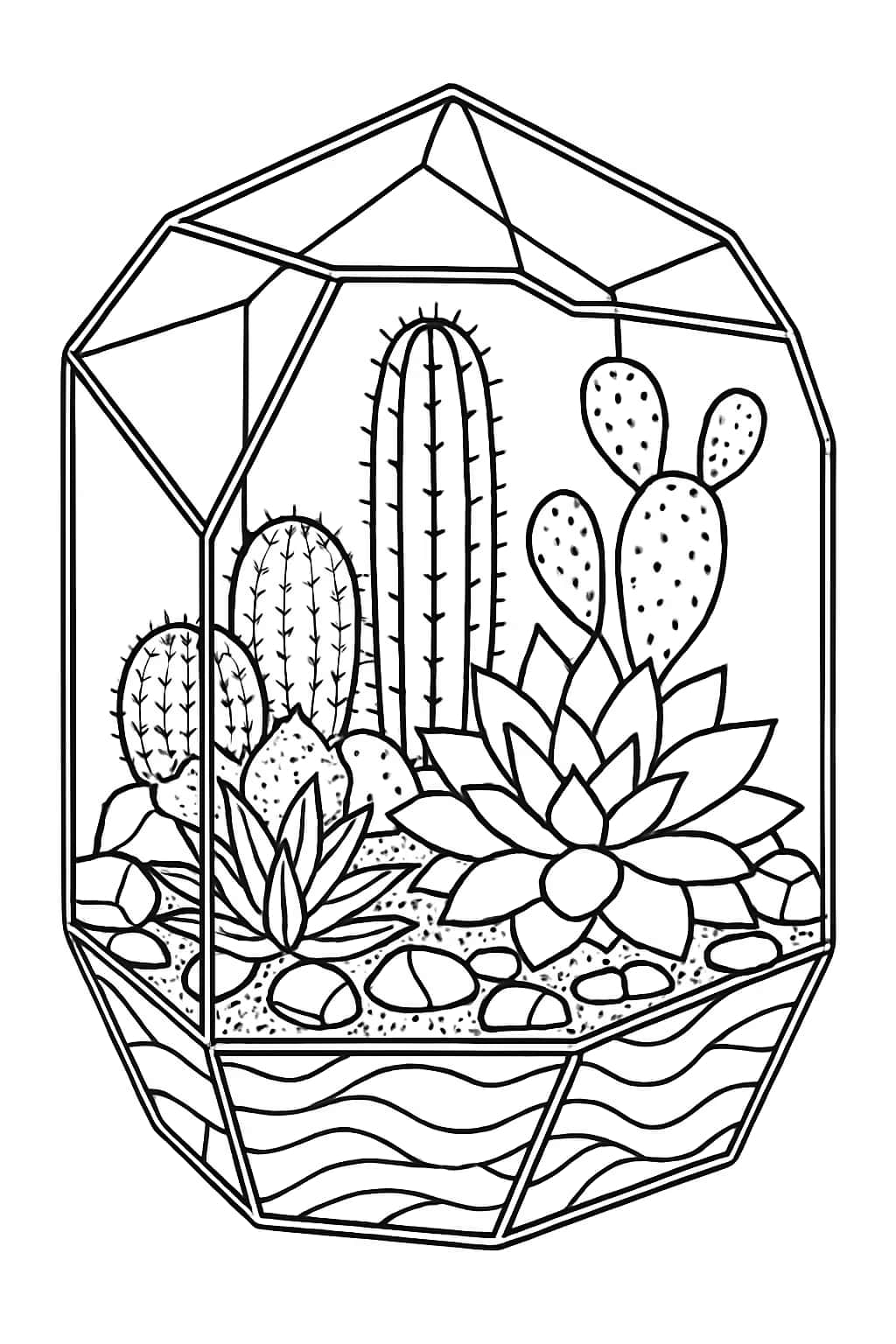 Cactus Coloring Pages - Complex Cactus Terrarium