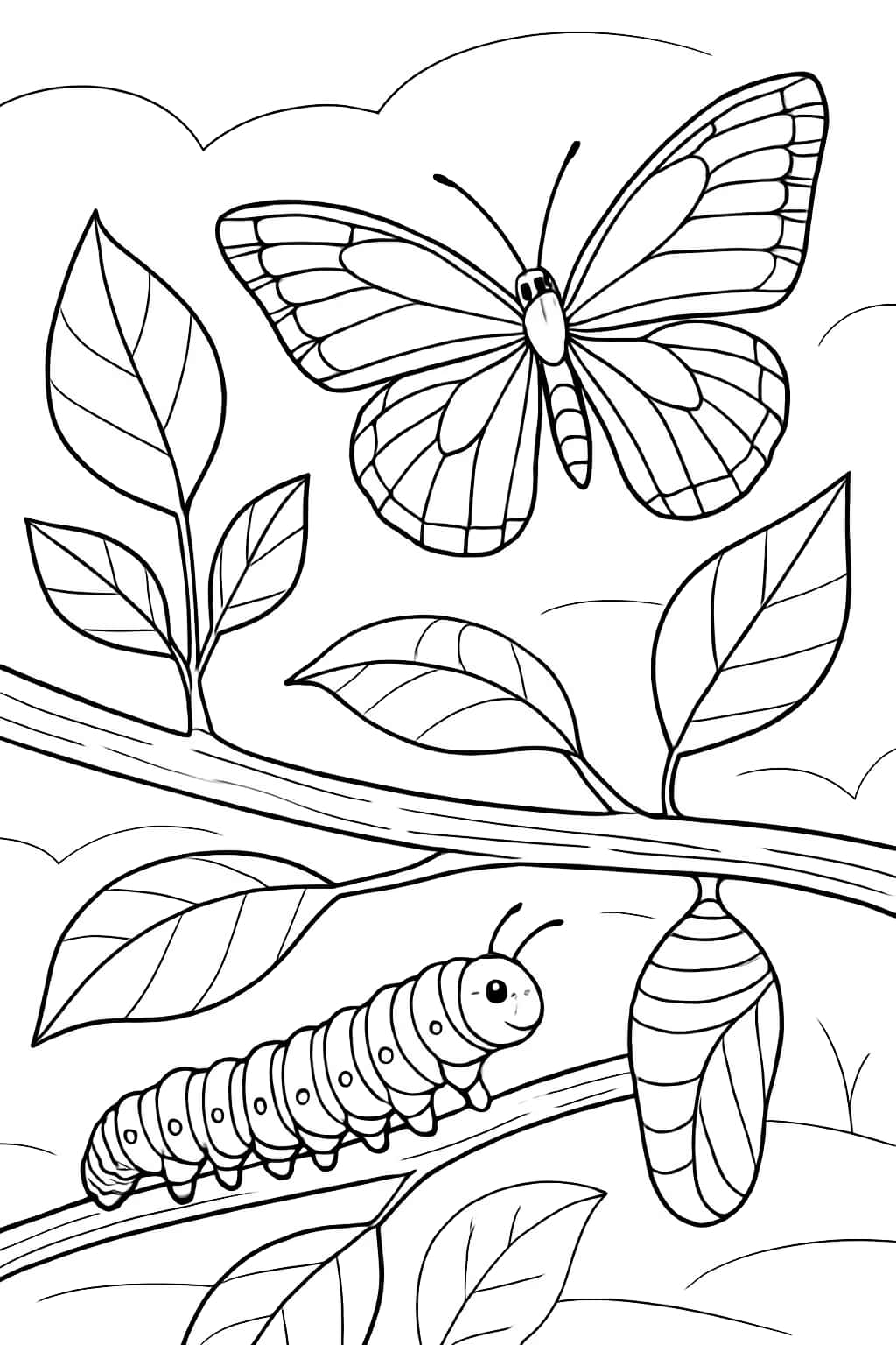 Caterpillar Coloring Pages - Caterpillar to Butterfly Evolution Scene