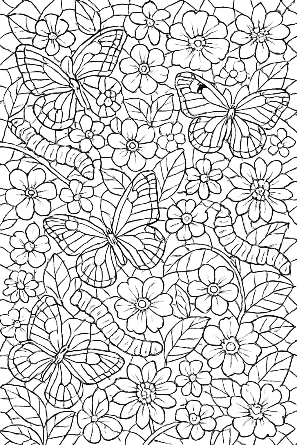Caterpillar Coloring Pages – Caterpillar and Butterfly Garden Mosaic