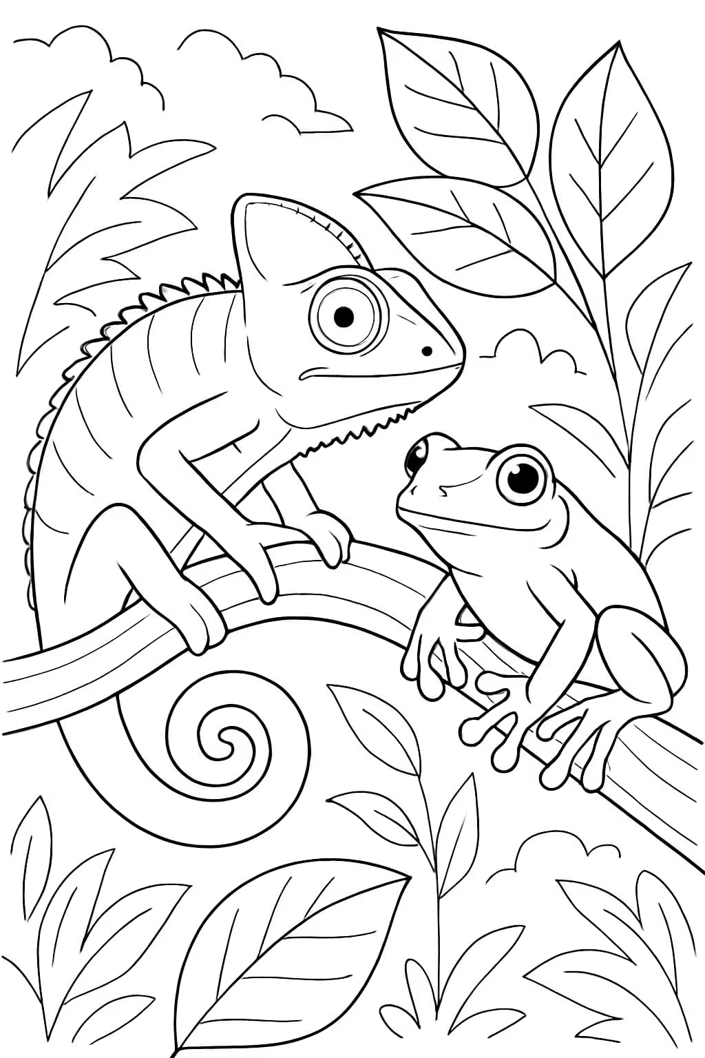 Pagine da colorare di camaleonte: Camaleonte e rana nella foresta