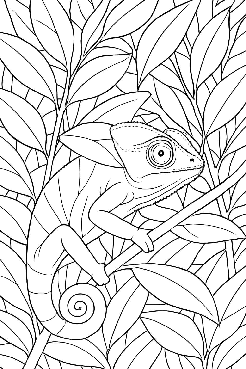 Pagine da colorare di camaleonte: Camaleonte nascosto tra le foglie
