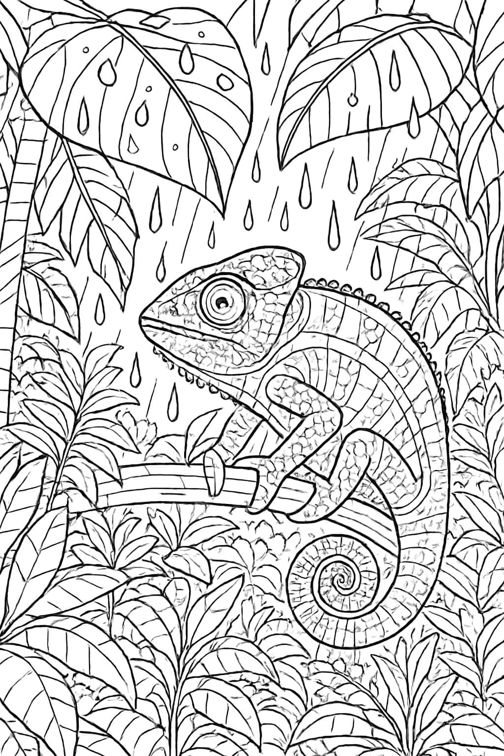 Chameleon pagine da colorare nella foresta pluviale sotto la pioggia