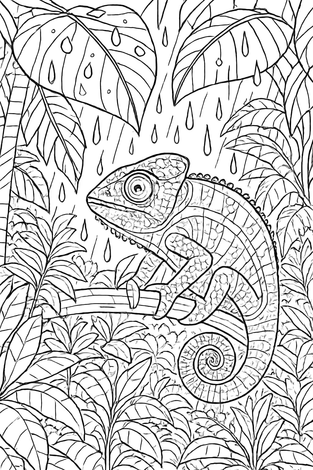 Chameleon Coloring Pages – Intricate Rainforest Rain Scene