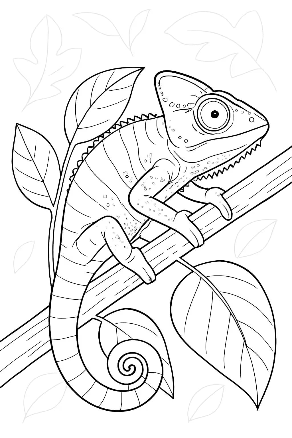 Chameleon Coloring Pages - Chameleon with Leaves