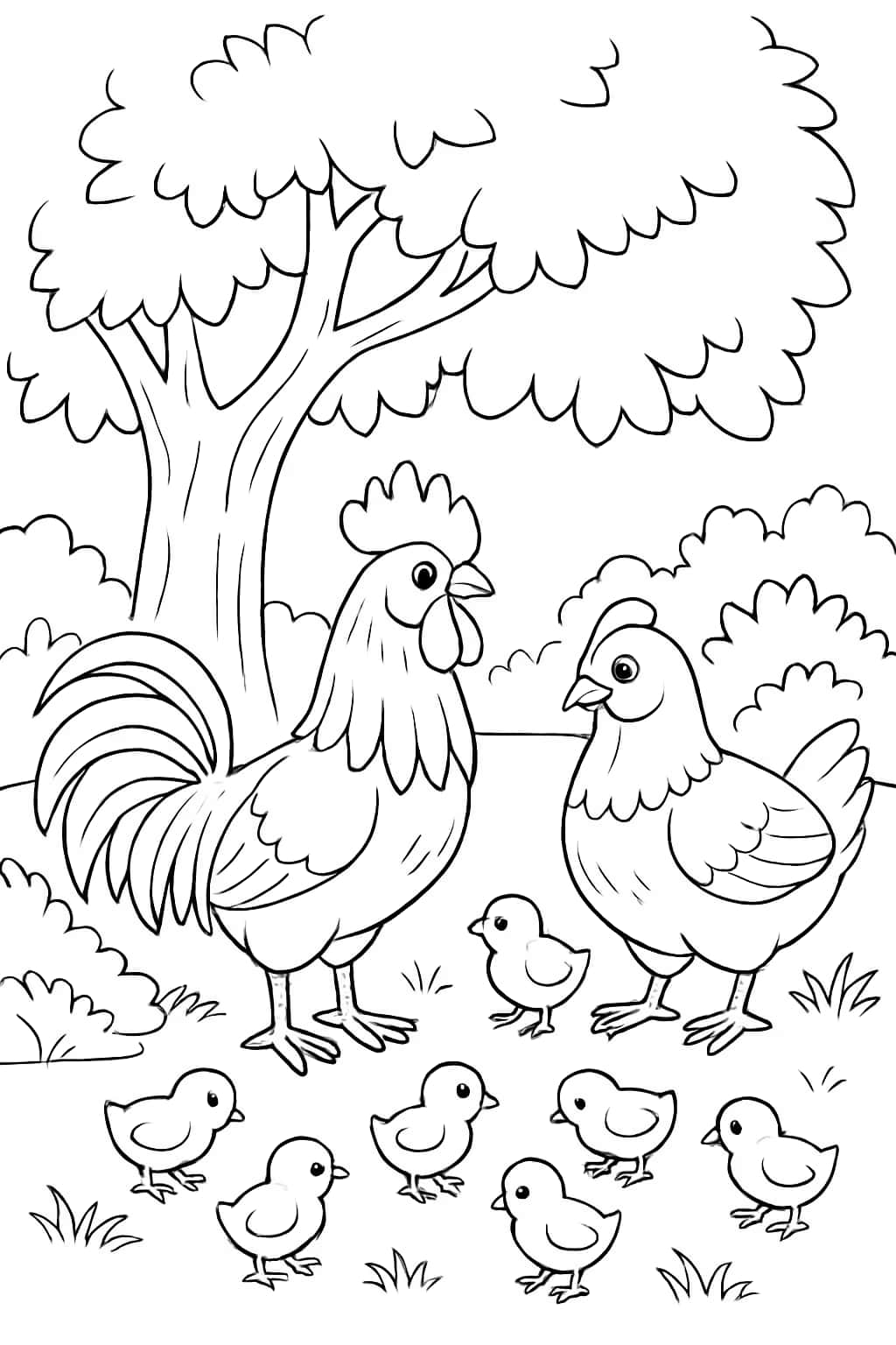 Chicken Family Under Tree Coloring Page | Chicken Coloring Pages