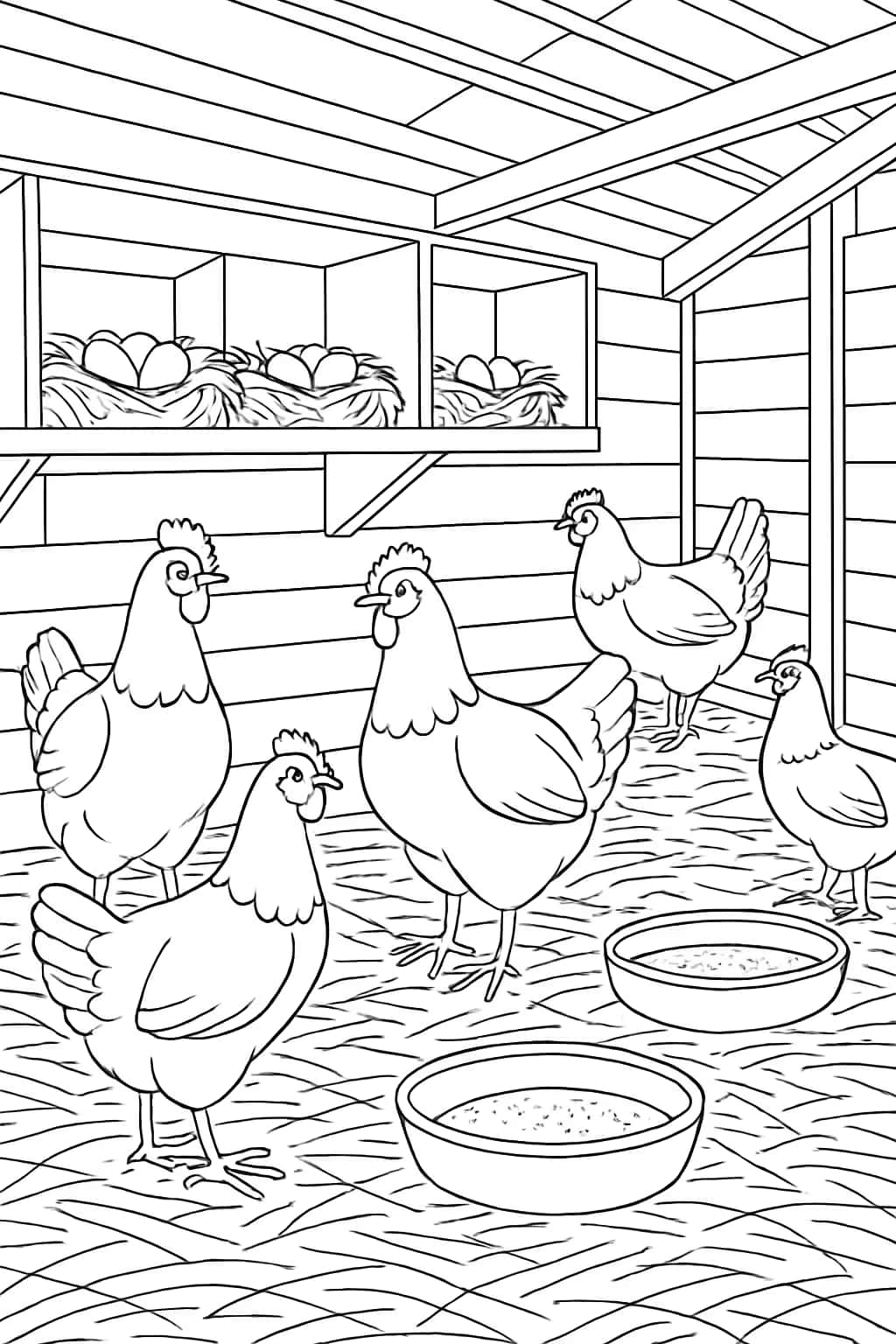Chickens in Coop Complex Coloring Page | Chicken Coloring Pages