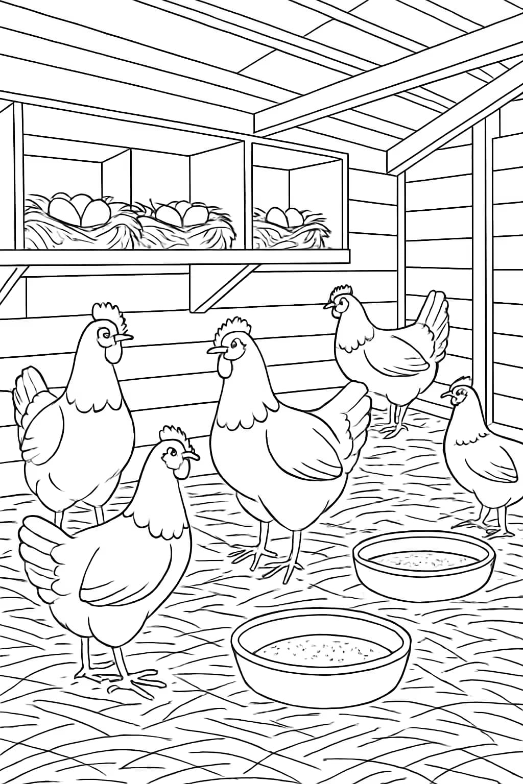 Chickens in Coop Complex Coloring Page | Chicken Coloring Pages