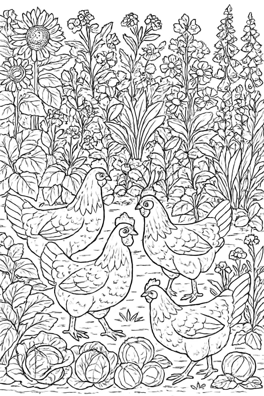 Chickens in Garden Detailed Coloring Page | Chicken Coloring Pages for Adults