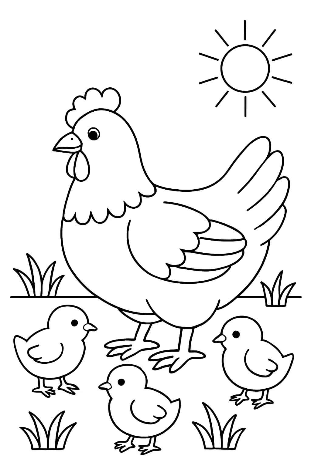 Hen and Chicks Easy - Chicken Coloring Pages
