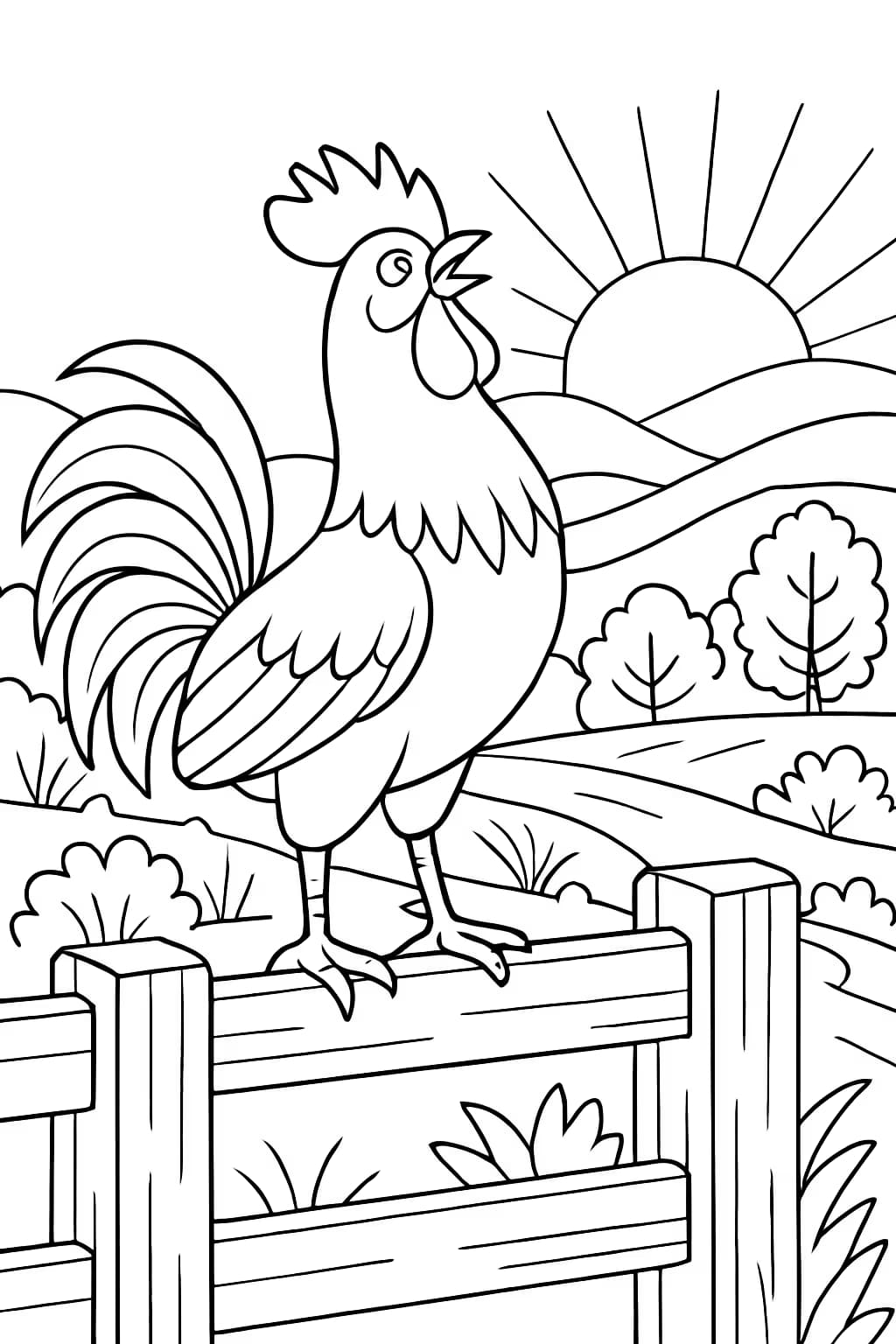 Chicken Coloring Pages – Rooster Crowing at Dawn Detailed Coloring Page