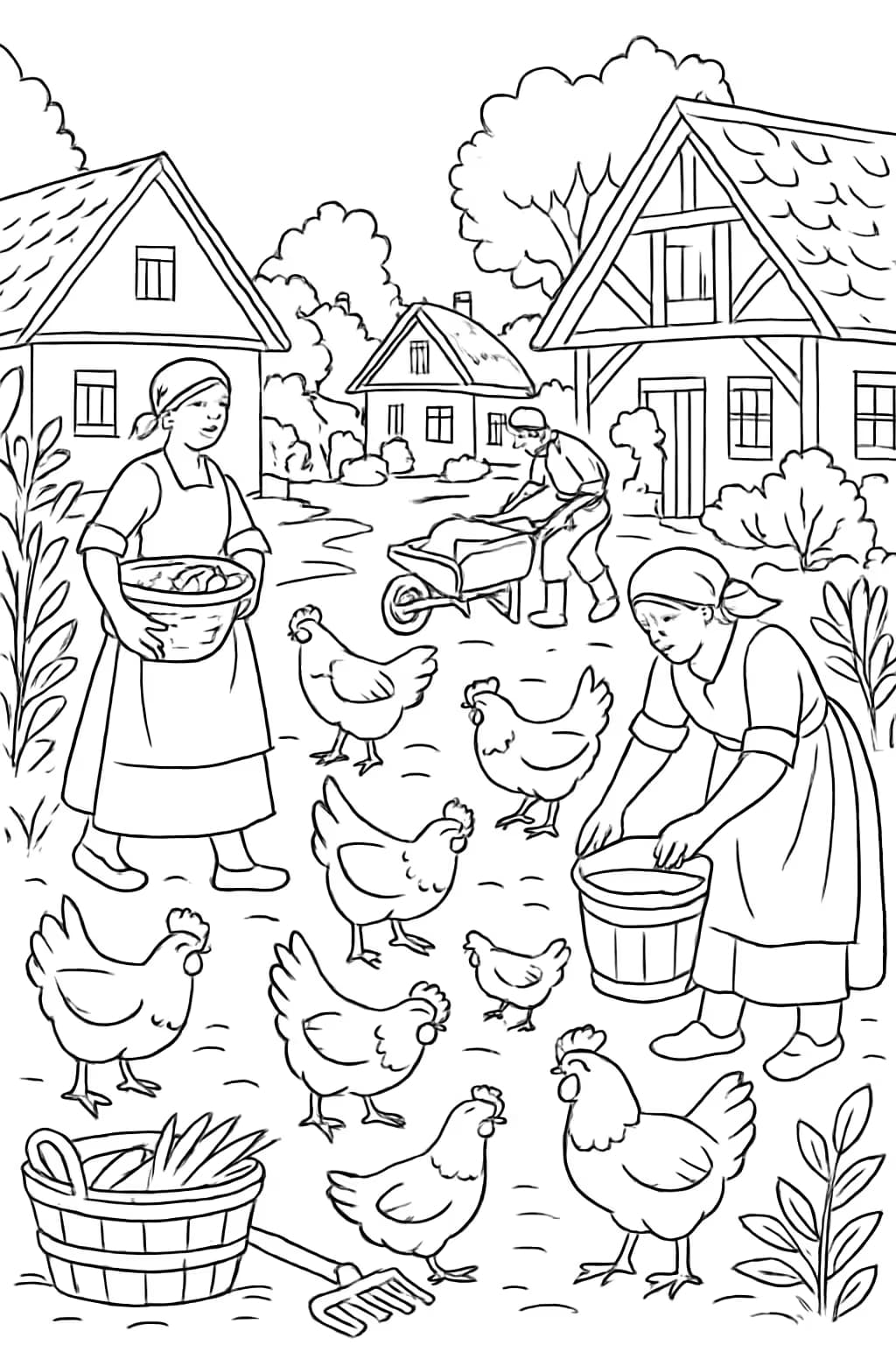 Village Chicken Life Scene Coloring Page | Chicken Coloring Pages