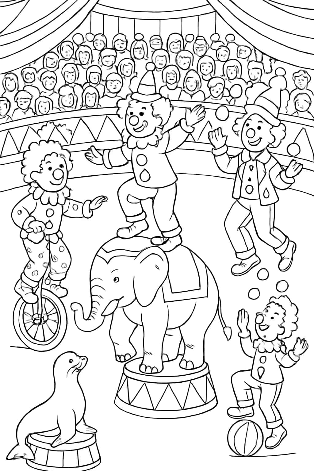 小丑馬戲團表演涂色頁