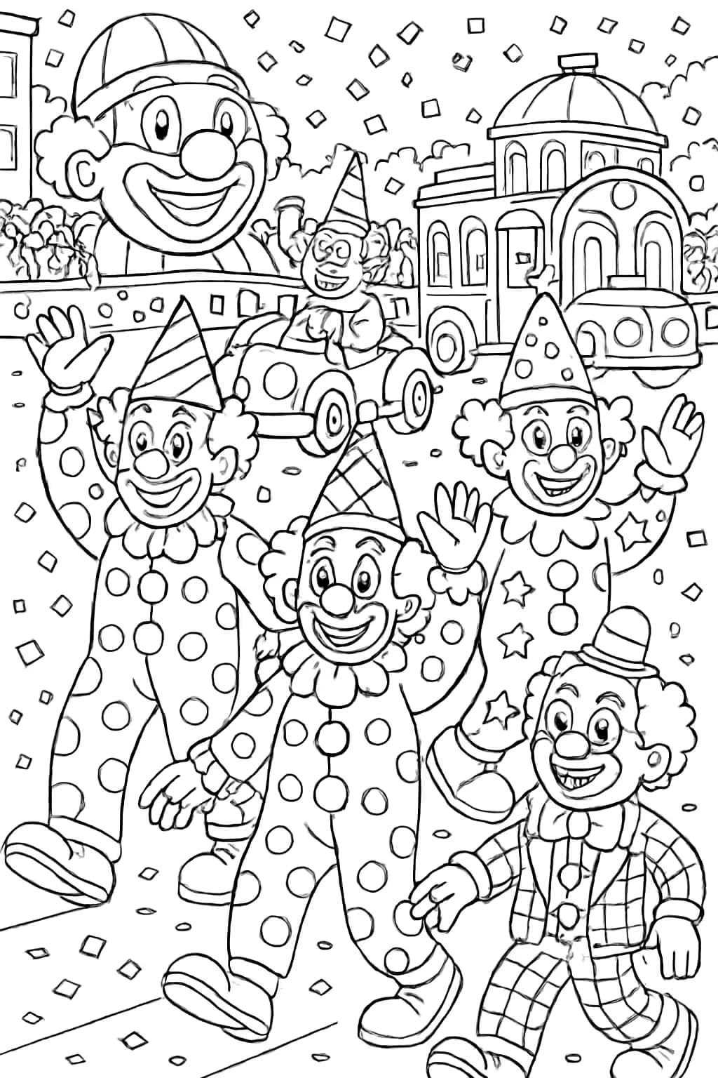 小丑涂色頁 - 嘉年華遊行場景 | 成人高難度線稿