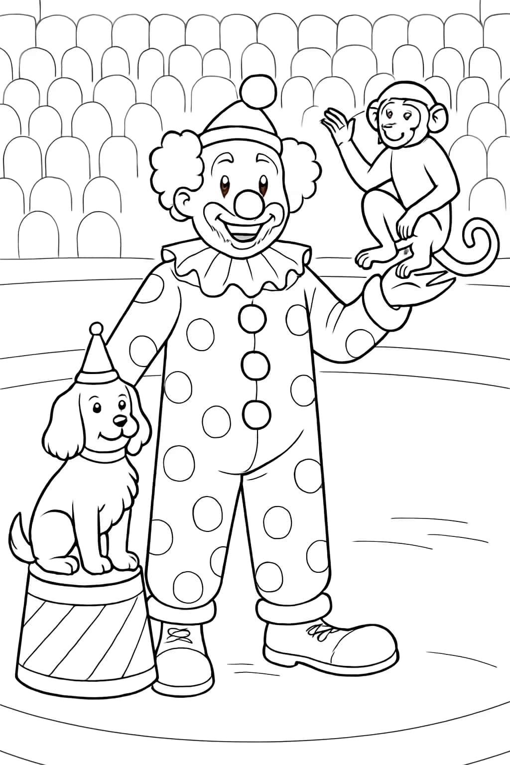 小丑涂色頁|小丑與動物朋友涂色圖下載