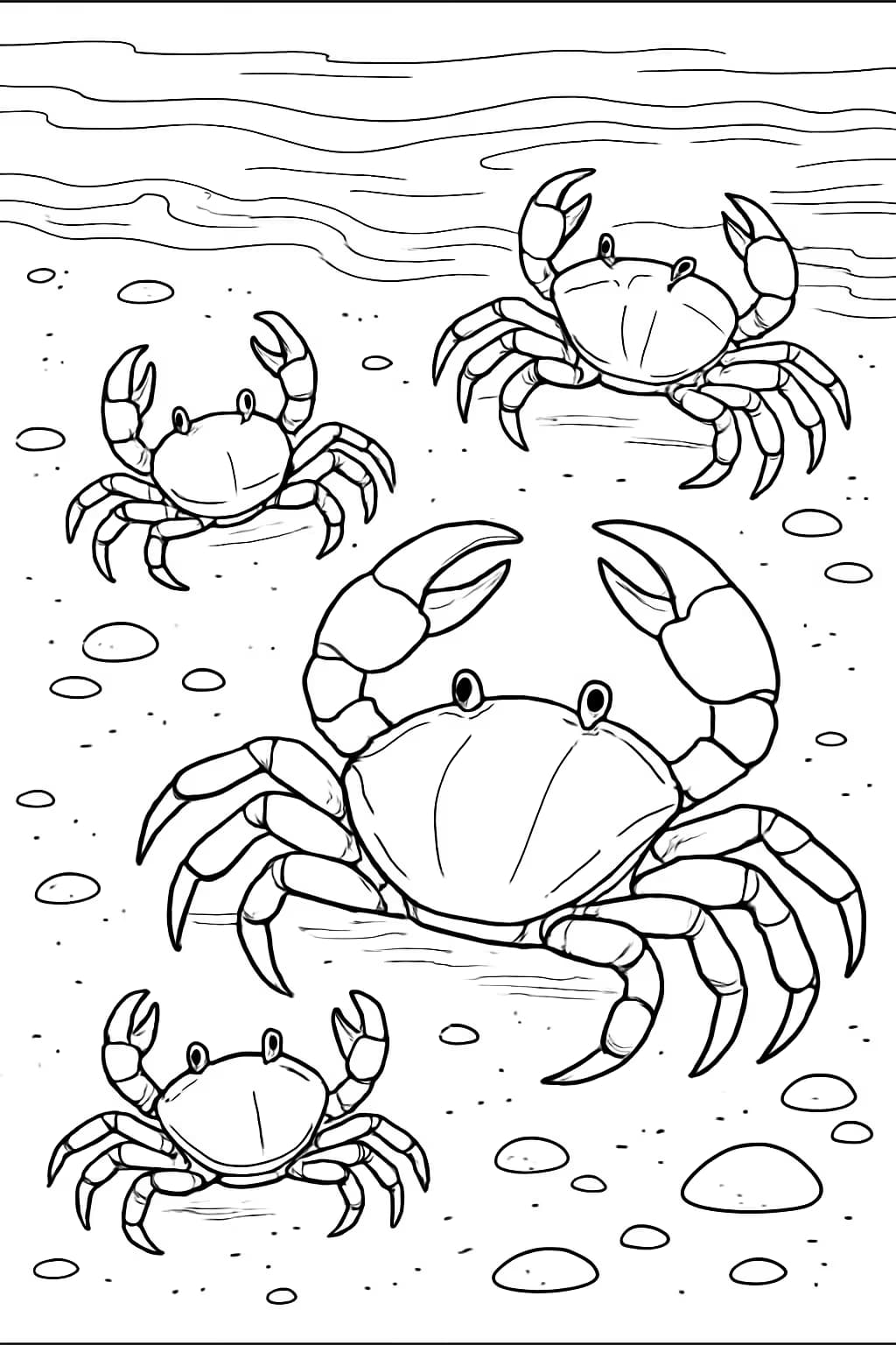 螃蟹涂色页|沙灘上的螃蟹家庭主題線稿圖