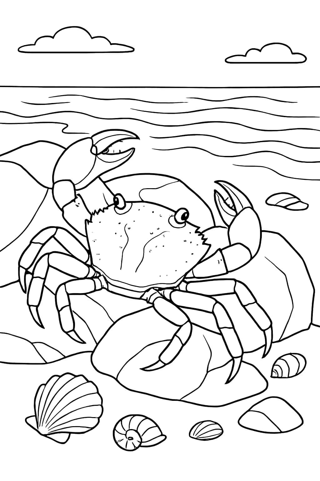 Páginas para colorear de cangrejos: escena del cangrejo sobre las rocas