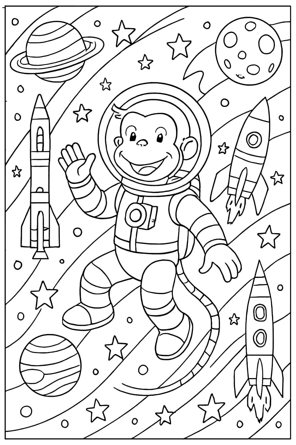 Curious George Coloring Pages - Space Adventure Printable for Adults