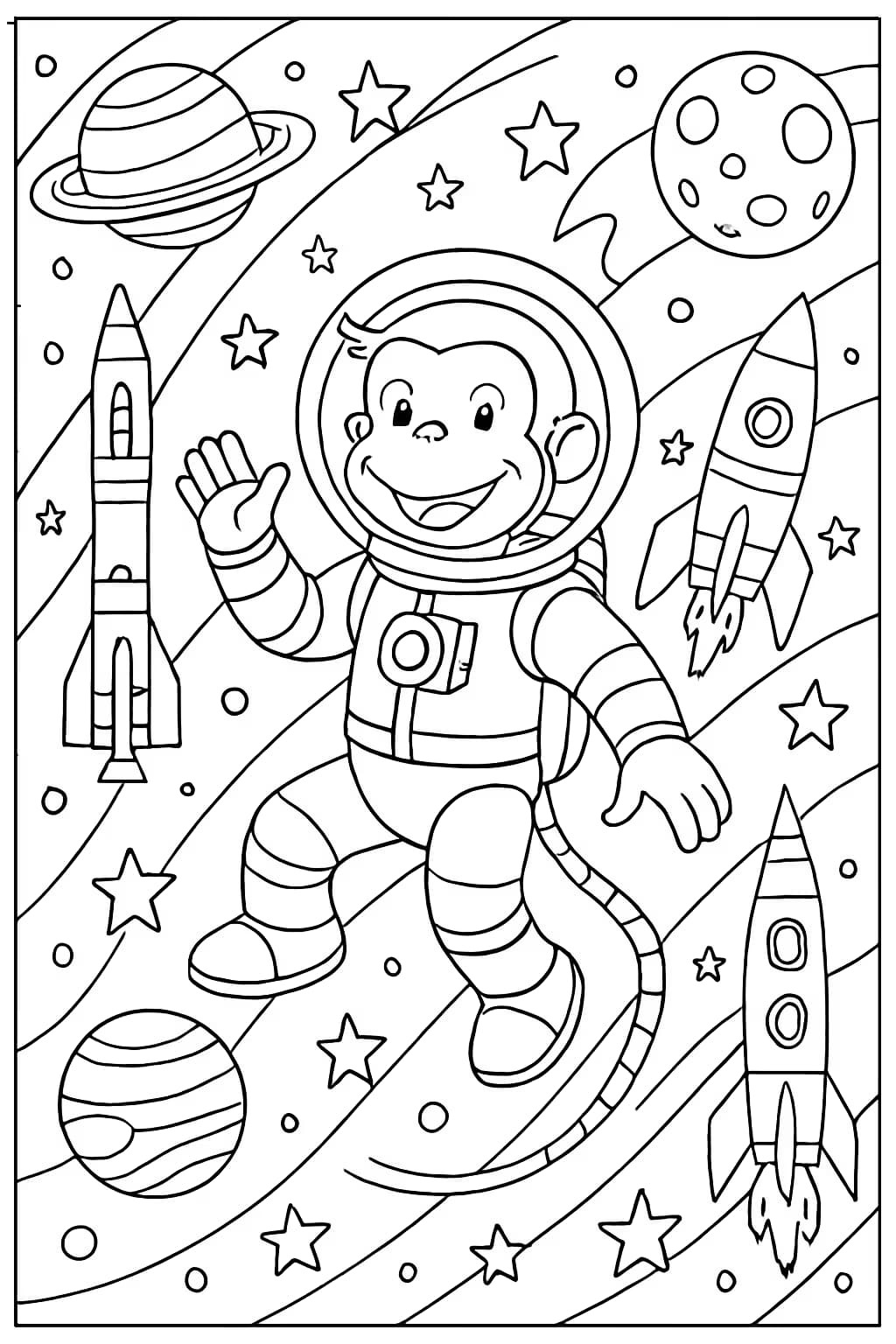 Curious George Coloring Pages – Space Adventure Printable for Adults