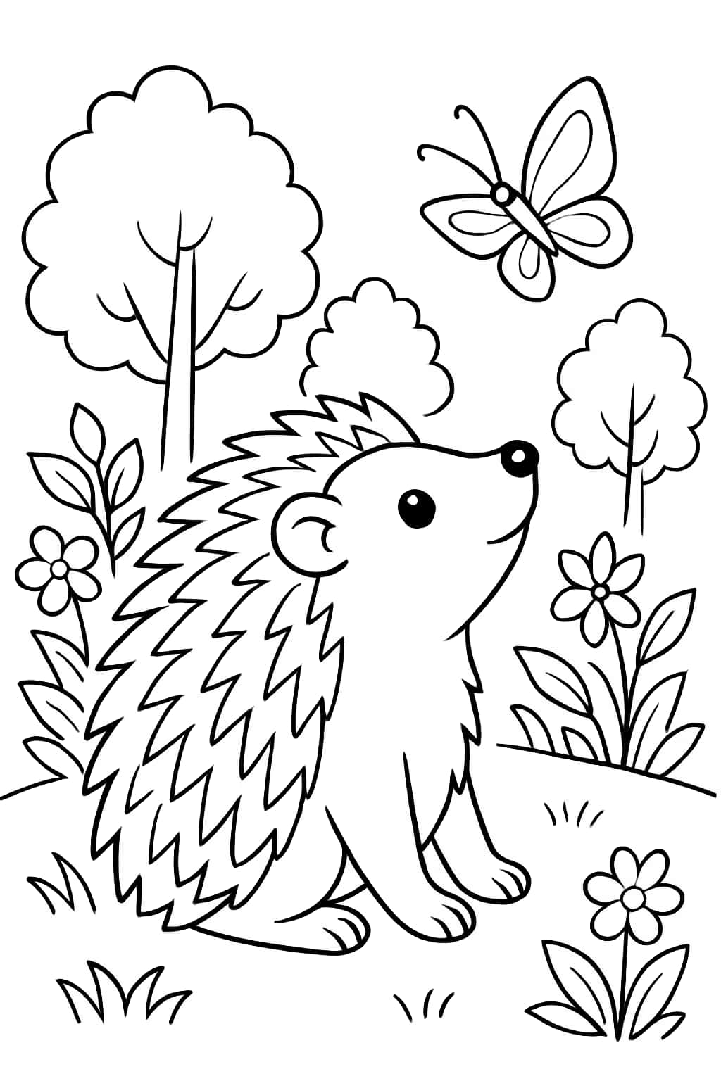 刺蝟涂色頁|刺蝟與蝴蝶主題免費列印涂色圖