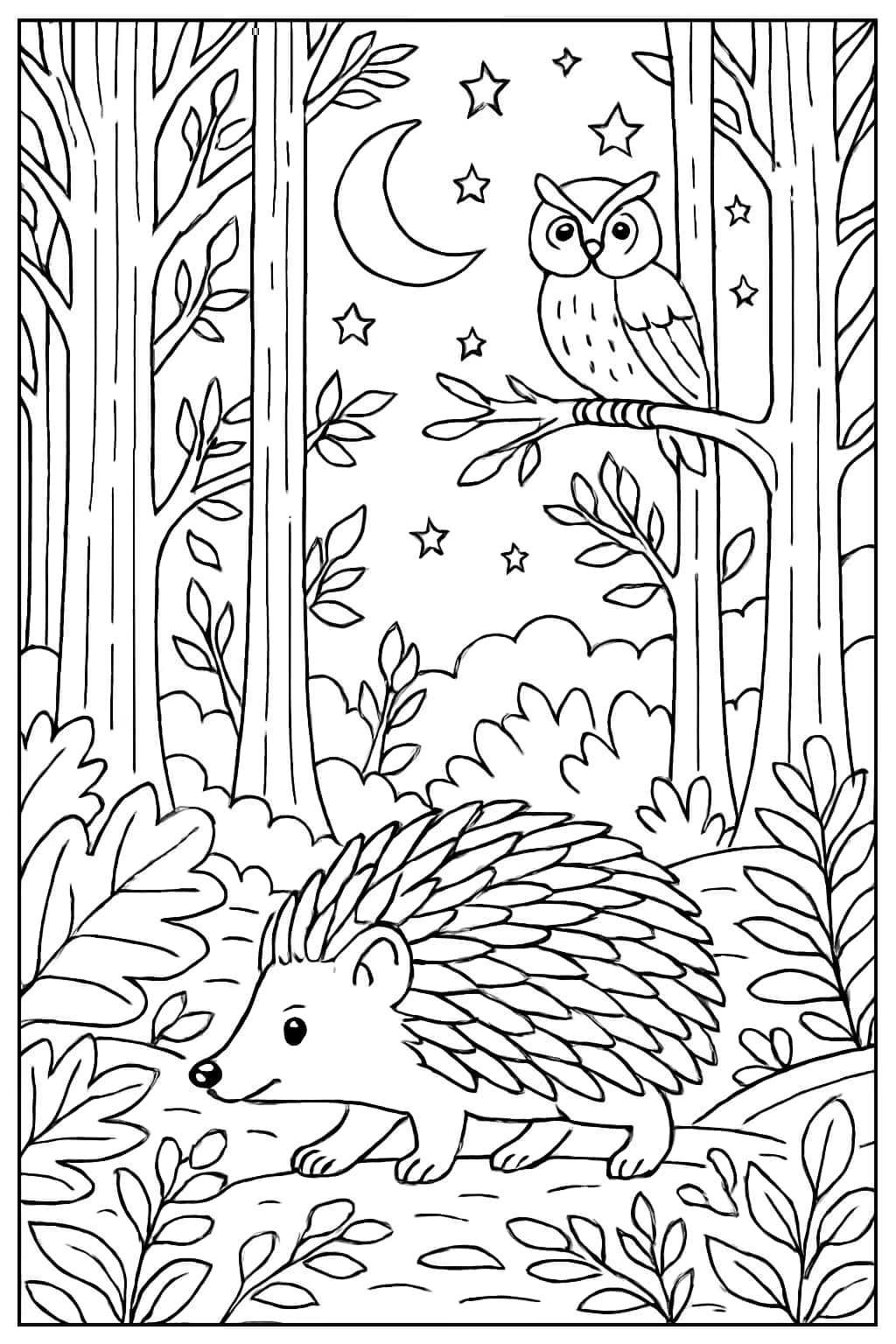 刺蝟涂色页|夜間森林探索主題線稿