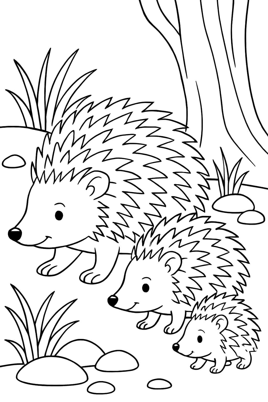 刺蝟涂色頁|刺蝟家庭散步繪畫頁面下載