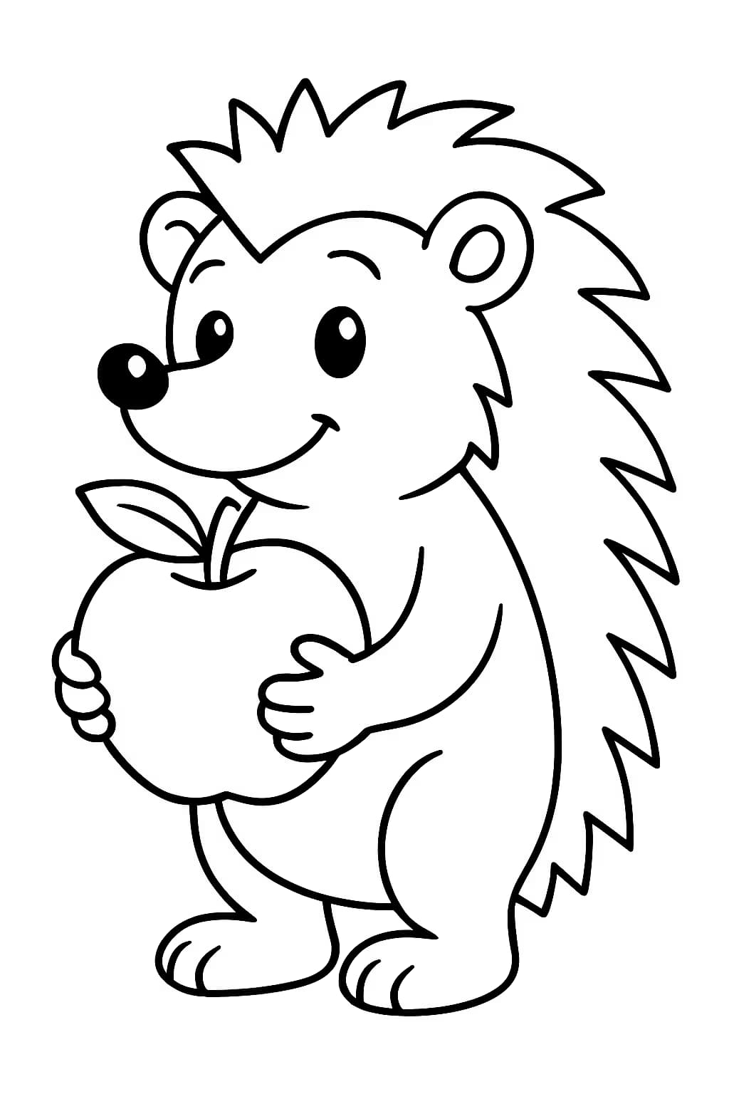 刺蝟涂色頁|可愛刺蝟拿蘋果簡單線稿下載