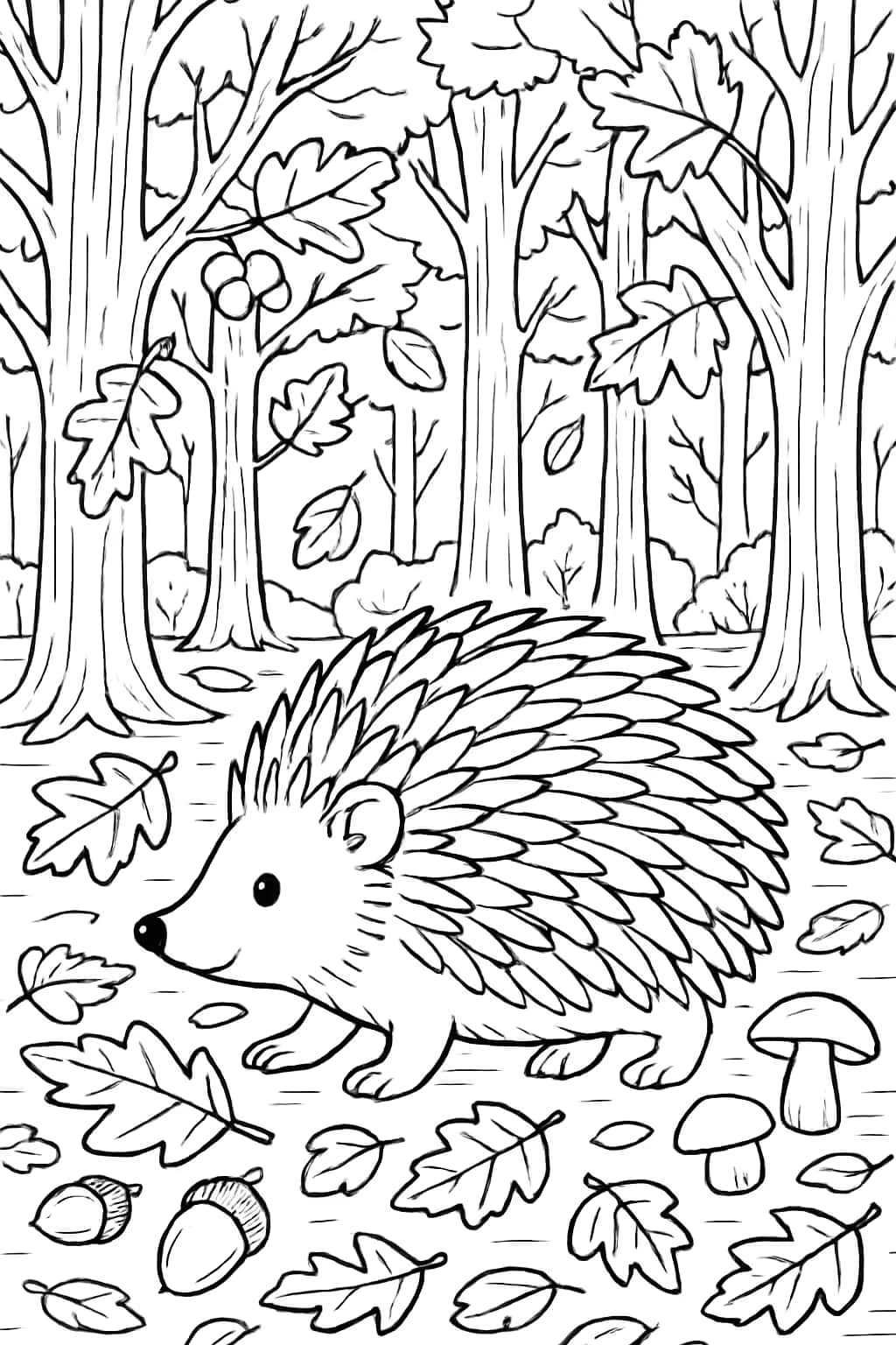 刺蝟涂色页|秋日森林主題線稿圖