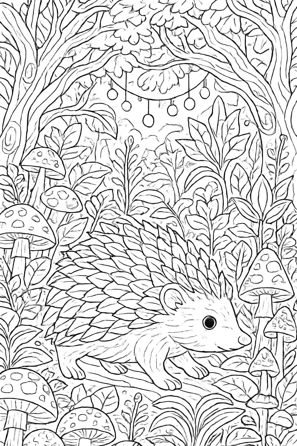 刺蝟涂色頁:魔法森林冒險 | 成人專用細緻線稿