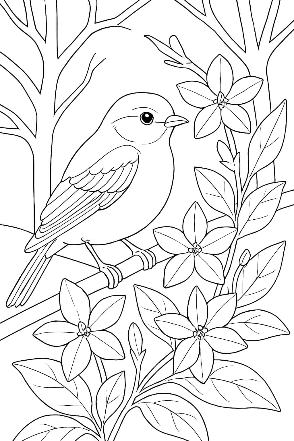 Jasmine Coloring Pages - Bird on Jasmine Branch Coloring Page